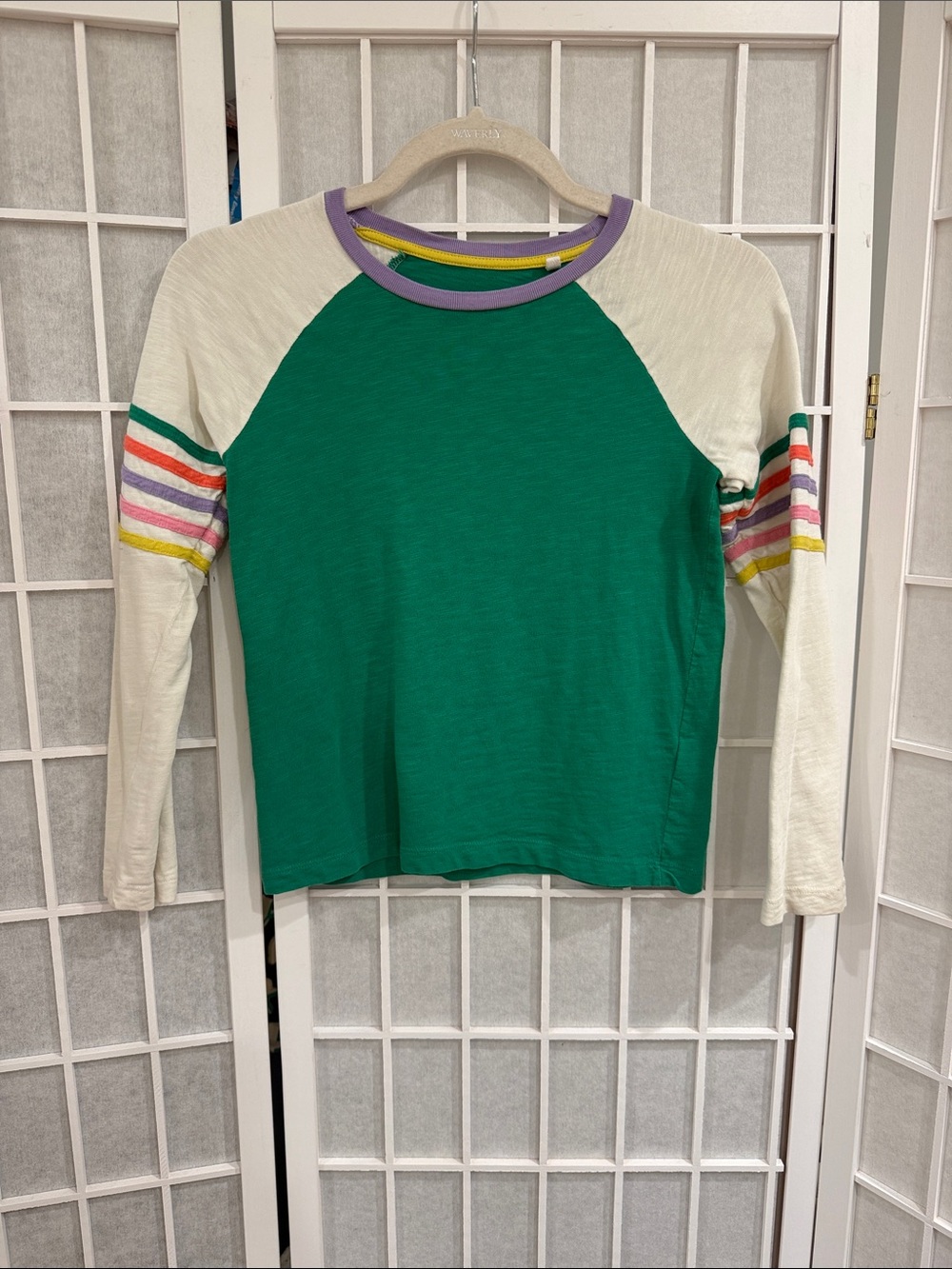 Girls Boden Green Raglan Long-Sleeve Top with Stripe Sleeves Size 9-10y